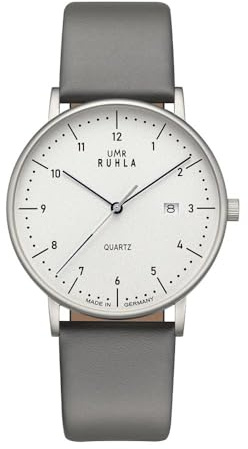 UMR RUHLA 30431 gr – elegans möter precision – snyggt armbandsur med 705 kvartsurverk – rostfritt stål – vit urtavla – mineralglas – grått läderarmband – Made in Germany
