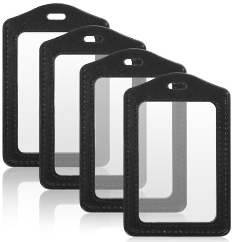 Yuanchu 4 Pcs Leather ID Badge Holders, Vertical Double-Sided Clear Card Holders Waterproof Name Badge Reel for Office Staff Employees ID Credit Cards(Black)