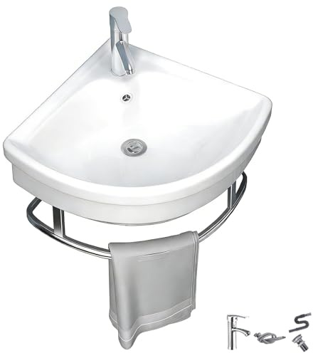 Moderne Keramik Eckwaschbecken mit Edelstahlhalterung und Handtuchhalter, Wandmontiertes Bathroom Sink für Badezimmer, Kleine Wohnungen, Restaurants, Bauernhäuser und Waschküchen