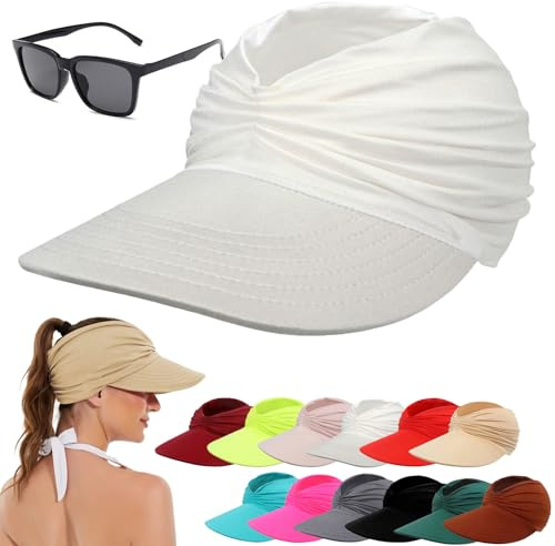 HOPASRISEE Ponytail Visor Hat for Women, UPF 50+ Uv Protection Sun Visor Hat, Wide Brim Lightweight Cap for Summer Beach