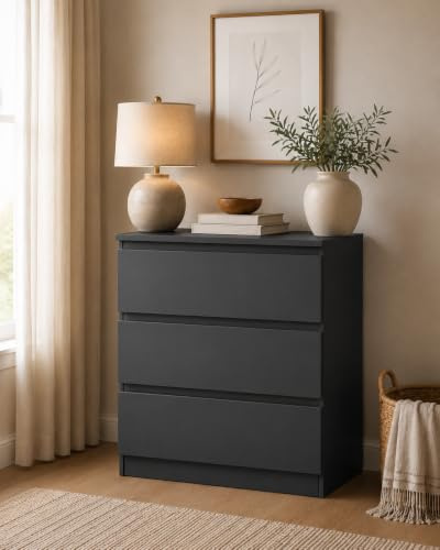 Ginhow Kommode Schwarz mit Schubladen Kommode 70cm Breit Matt Schwarze Kommode Holz Sideboard Schlafzimmer Kommodenschrank Wohnzimmer Schubladenschrank Kleine Anrichte Flurschrank 70x40x75cm