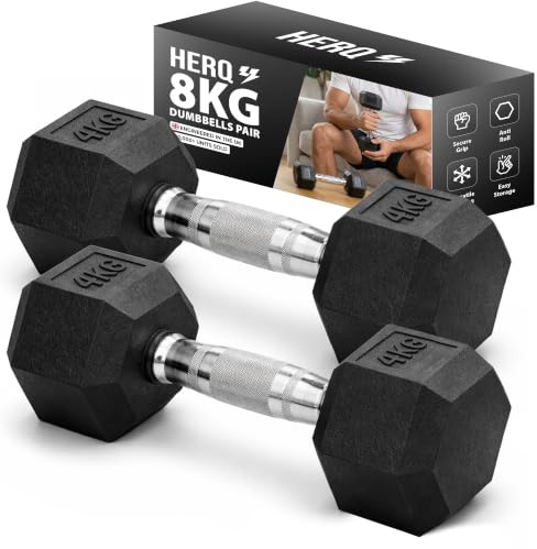 HERQ Hex Dumbbells Set | Rubber Coated Dumbbell Pair | Anti-Roll Free Weights for Home Gym | Ergonomic Grip Weights Set for Strength Training, Fitness, Bodybuilding, Workouts