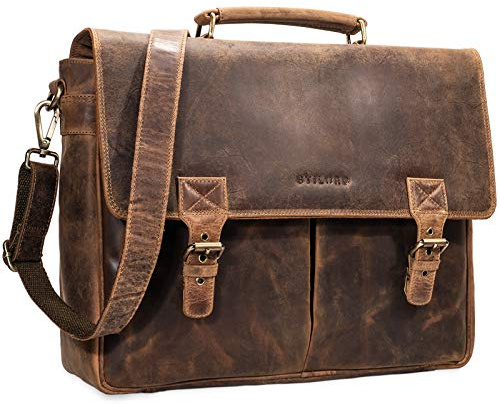 STILORD Georg Aktentasche Leder Vintage Dokumententasche Lehrertasche Business Büro für große Aktenordner 15,6 Zoll Laptopfach echtes Rindsleder Farbe:mittel - braun