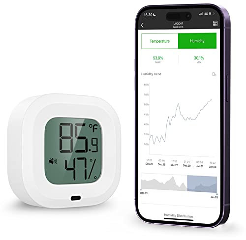 ORIA Bluetooth Hygrometer Thermometer, Innen Mini Thermometer Hygrometer mit HD-Bildschirm, Magnetische Anziehung und Alarmfunktion, kompatibel mit IOS/Android, für Wein, Haus - Weiß