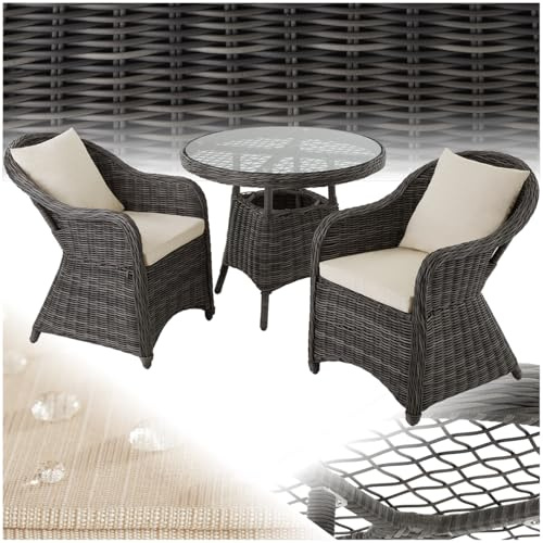 tectake® Alu Polyrattan Sitzgruppe für 2 Personen, Gartenmöbel Set mit Tisch und 2 Sessel, wetterfest, Lounge Möbel für Garten Terrasse Balkon, 3-teilige Rattan Gartenlounge inkl. Sitzpolster - grau