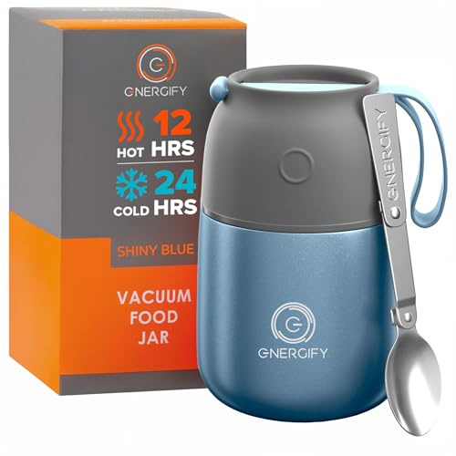 ENERGIFY Vacuum Insulated Food Jar. Large 17oz Bowl incl. Folding Spoon, Cup. Wide Mouth Keep Hot & Cold Drinks Soup Lunch Container for Adults. BPA-Free Stainless Steel, Leak Proof Shiny Blue