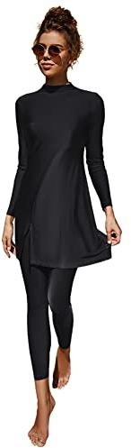 IMEKIS Muslimische Burkini Bademode für Frauen Zweiteilige Bescheidener Badeanzug Islamischer Arabischer Schwimmanzug Langarm Badeoberteil Kleid mit Hose Tankini Set Badebekleidung Schwarz 2 XL
