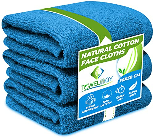 Towelogy® Premium Flannel Face Cloth 3-Pack 100% Egyptian Cotton Ring Spun Super Soft Washcloth 30x30cm for Cleansing Makeup Remover Spa & Gym Face Towels (Teal Blue, 3)