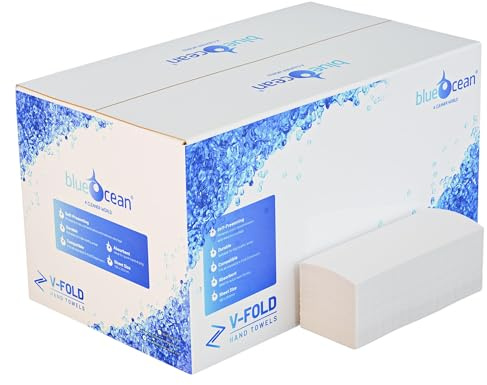 BlueOcean Weißes V-Falz Papierhandtuch, Interfold 1-lagiges weißes Handtuch, Box mit 3600 Papierhandtüchern, recycelt, starke und saugfähige Handtücher für Badezimmer, Catering, Reinigung &