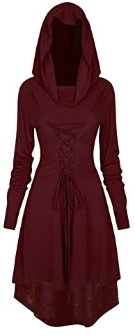 TSIRNK Vestido gótico para mujer, ropa medieval para mujer, disfraz de Halloween, vestido de la Renaissance con capucha para Halloween y carnaval (burdeos, S)
