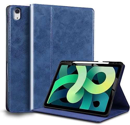 Gexmil Leder Hülle für iPad Air 11 Zoll M3 2025/ M2 2024,iPad Air 10,9 Zoll 5./4. Genration 2022/2020, Echt Leder Cover mit Stifhalter, Automatischer Schlaf/Aufwachen,Stoßfest,Blau | Smart Leder Cover/Flip mit Stifthalter,Auto Schlaf/Aufwachen,Schutzhülle Einstellbarer Ständer,Stoßfest,Blau