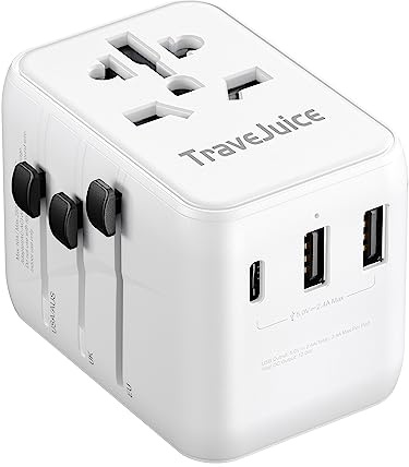 Universal Travel Adapter, TraveJuice Worldwide Travel Plug Adapter with USB A and 2 USB C, Dual 10A Fuses, All in One International Power Adapter Socket Charger for EU, UK, US, AU, CN 150+ Countries