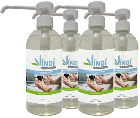 Vindi Désinfectant solution hydroalcoolique - Lot de 4 flacons pompe de 500ml - Fabrication Française - 76% d'alcool - Désinfection des mains et des surfaces