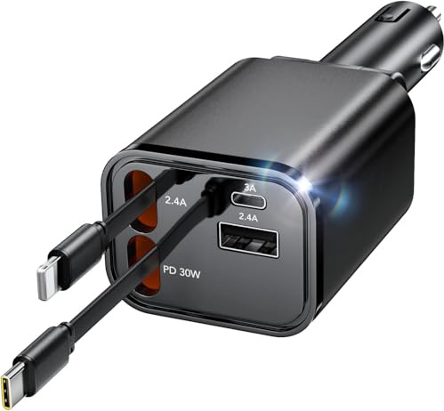 COCIVIVRE Retractable Car Charger,Car Charger Adapter for 60W Mobile Phone Fast Charging,Compatible with iPhone 16/15 Pro Max/14/13/12/iPad/AirPods/iPod/Galaxy S25/S24/S23/HuaWei/Google