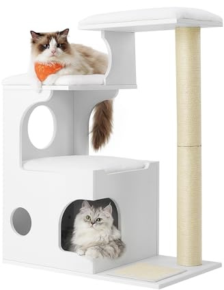Feandrea skrapstolpe, 86 cm högt kattträd, spånskiva kattskrapstolpe, med grotta, liggområden, pelare och sisal skrapmatta, tvättbara plyschkuddar, molnvit PCT070W01