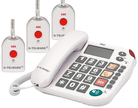 G-TELWARE PRO (Weltneuheit) Silence SOS Technik/SOSParam.einstellb./2023-2024er Modell Haus Notruf Seniorentelefon mit FunkSOS-Sender - 3 Handsender mit Schlaufe, Satingrau, PRO+