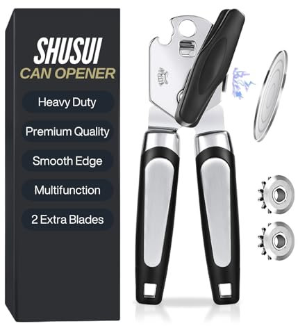 Shusui Manual Stainless Steel Can Opener That Work, Heavy Duty Tin Opener with Non-Slip Grip Suitable for Elderly with Arthritic Hands, Smooth Edge, Long Performance with 2 Extra Replacement Blades