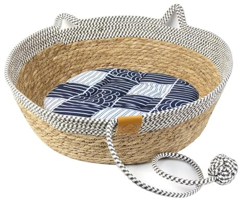 RSHVSMS Cotton Rope Woven Bed, Washable Autumn and Winter Basket with Cooling Pillows and Rope Balls, pet Sleeping Basket, Breathing cat Nest Kitten/Kitten, XXL 48x48x15 cm (Gray White)