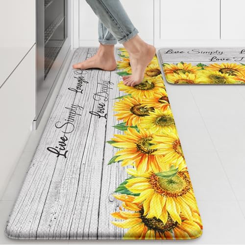 KIMODE Küchenmatte mit Sonnenblumenmotiv, rutschfest, gepolstert, bequeme Küchenmatten für Bodenspüle, Wäsche, Schreibtisch, Weiß, 43,2 x 119,4 cm + 43,2 x 73,7 cm, 2 Stück