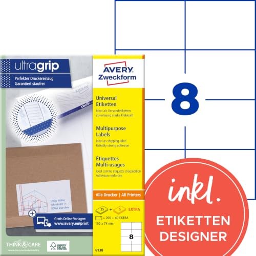 AVERY Zweckform 6138 Universal Etiketten (200 plus 40 Klebeetiketten extra, 105x74mm auf A4, Papier matt, individuell bedruckbar, selbstklebende Aufkleber mit ultragrip) 30 Blatt, weiß