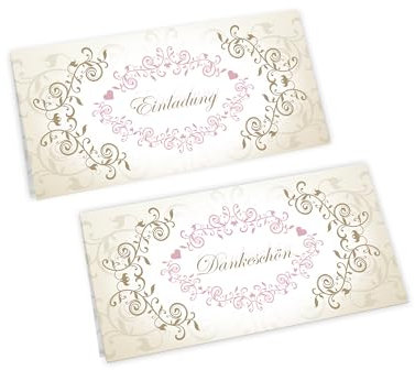 250 Einladungskarten + 250 Dankeskarten für Hochzeit, Standesamt, Geburtstag, Konfirmation, Kommunion, Taufe, Geburtstag, Jubiläum. Klappkarten (21 x 10,5 cm). Luxuriöse florale Ornamente gold