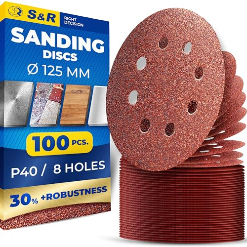 S&R Kardborreband, slippapper, set 125 mm, mästare, 8 hål, 100 st. i kornstorlek P40, slipskivor, slipskivor för excenterslipmaskin, kardborreslippapper, tillförlitlig vidhäftning på sliptallriken