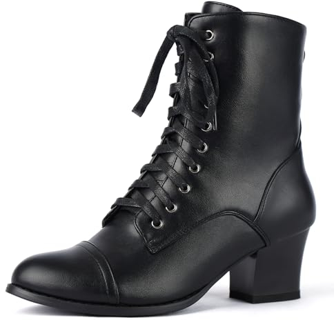 GiledGrace Schwarze kurze Stiefeletten Schnürung für Frauen Seitlicher Reißverschluss Viktorianische Stiefeletten Block Chunky Mid Heel Schwarz Größe 39