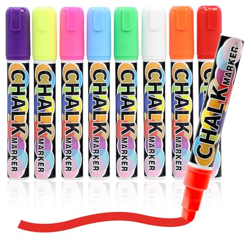 HENGROTULADORES Pizarra blanca y vidrio, 8 colores, borrable, 10 mm, con punta de tiza líquida, lavable para tiza