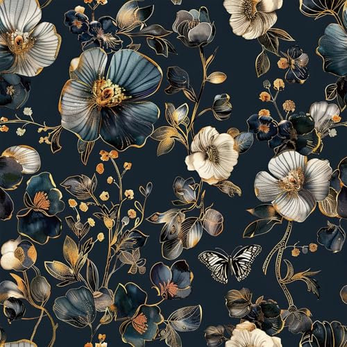 Livelynine Carta da Parati Adesiva Muro Floreale Blu Oro Pellicola Adesiva per Mobili Fantasia Blu Scuro con Fiori Farfalle Foglie Carta Parati Adesivi Muro Fiori Camera da Letto Soggiorno 44.5CMx2M