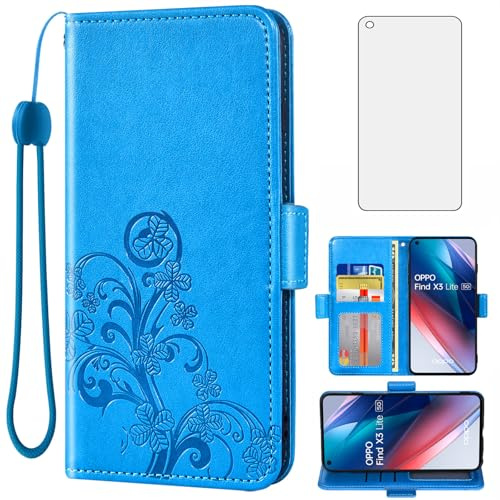 Asuwish Compatible with OPPO Find X3 Lite/Reno 5 5G/5K Wallet Case and Tempered Glass Screen Protector Flip Purse Wrist Strap Credit Card Holder Stand Cell Phone Cover for Reno5 K Women Men Blue