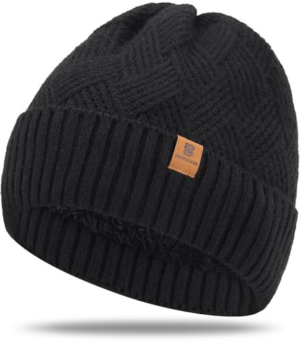 BARFULKER Beanie Mütze Damen Herren, Winter Warm Strickmütze Wintermützen Thermo Laufmützen Dehnbare Weiche Wollmütze mit Bündchen und Dickem Warmem Futter Geschenk Unisex,Schwarz