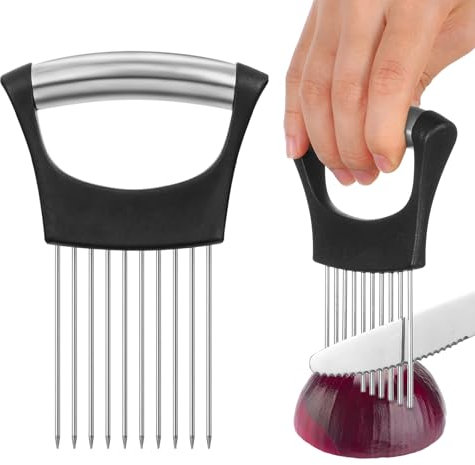 JIEYAO Soporte para cortar cebollas, soporte de cebolla de acero inoxidable para rebanar, herramienta auxiliar, peine de cocina, cubierta protectora incluida para cebolla, patata, tomate, carne