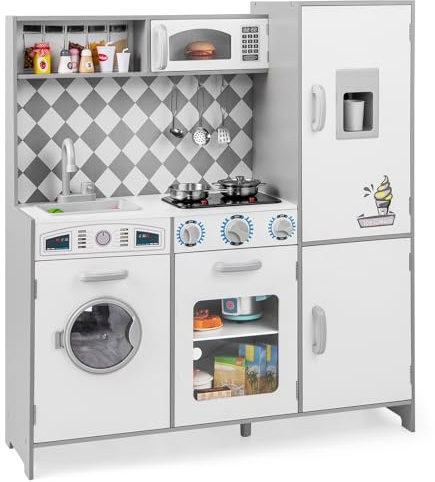 GOPLUS Cuisine Enfant avec Lumières et Sons, Ustensile Cuisine Enfant avec Machine à Glace, Évier, Four, Micro-Ondes, Lave-Linge, Jouet Cuisinière pour Garçons Filles 3+ Ans (Blanc)