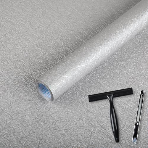 Abyssaly Silver Wallpaper Toolkit Included, Grey Vinyl Wrap Self Adhesive Wallpaper, Sticky Back Plastic Roll for Decoration Worktop Covering Furniture Stickers 30cm X 300cm