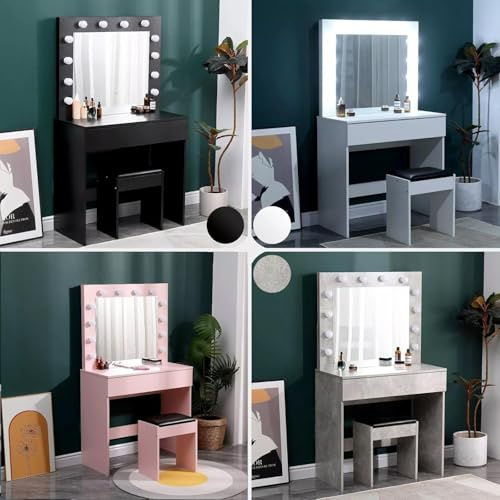 AVC Designs Dressing Table White With 1 Large Drawer & Stool Vanity Makeup Table with Hollywood LED Lights (White)