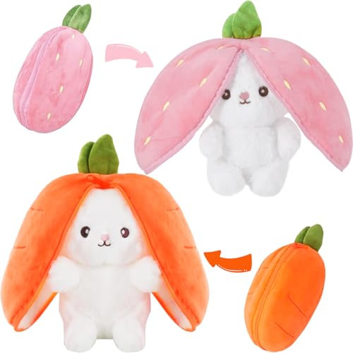 Peluche Lapin de Pâques 2 Pièces, Peluche Lapin Carotte, Peluche Lapin Fraise Peluche, Peluche Lapin à Cache-Cache, Lapin en Peluche en Carotte Fraise, Poupée Lapin De Pâques pour Enfants Cadeaux (B)