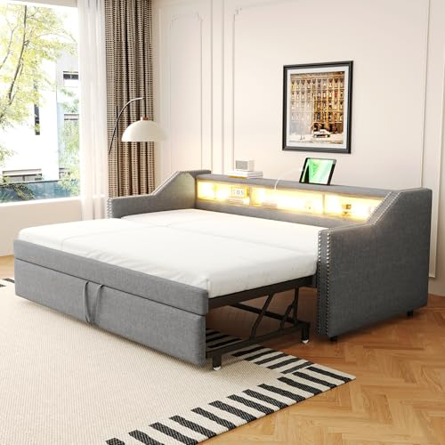 Dolamaní Tagesbett 90/180x190 cm mit Gästebett, Ausziehbett Gleiche Höhe, Bett Ausziehbar zum Doppelbett, Schlafsofa für Erwachsene 2 Personen, Leinen (Hell-Grau B)