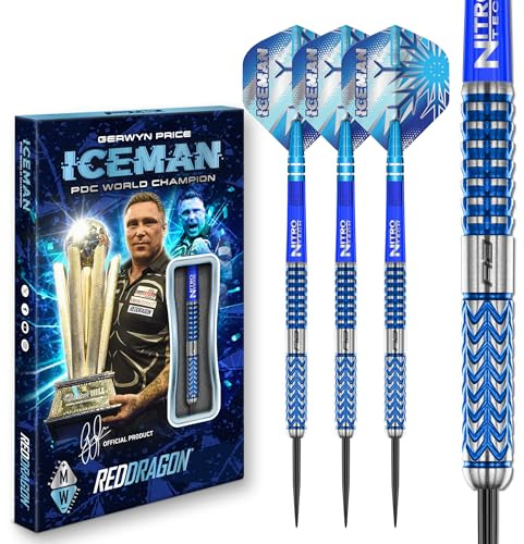RED DRAGON Darts – Joueur Professionnel – Gerwyn Price Iceman Glacier 26g - 90% Tungstène Professionnelle Pointe en Acier Jeu de fléchettes avec ailettes et tiges de fléchettes