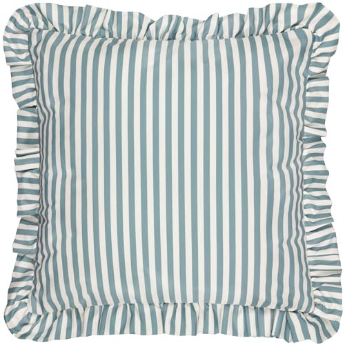 furn. Wylder Millie Ruffle Cushion Cover – Water Resistant Ruffled Edge Heritage Stripe Outdoor Decorative Case (Duck Egg Blue - 50x50cm)