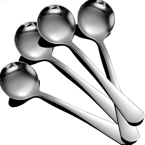 4 Stück Suppenlöffel, GXIQYL SUS304 Edelstahl Löffel Suppenlöffel Set von 4 Abendessen Löffel für Ramen Pho Wonton Knödel Bouillon Dessert Getreide Miso (Stil A)