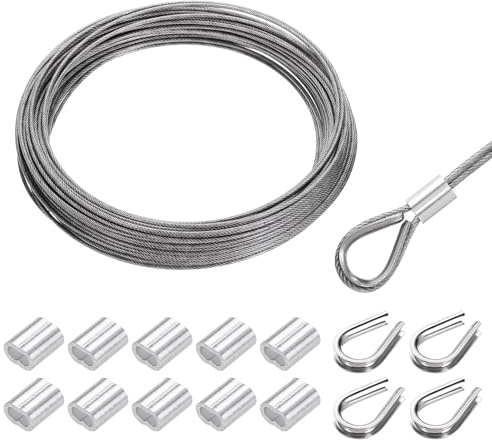 QUARKZMAN Drahtseil Edelstahl 20M x 1,5 mm Stahlseil PVC ummantelt mit 10 Aluminiumhülse & 4 Kauschen, Sicherungsdraht Aufhängedraht Wäscheleine für Bilder Pflanzen Zaun Gardinen, Silber