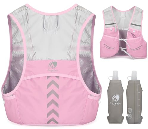 Outplea Gilet Hydratation avec 2pcs 500ml Bouteilles d’Eau Douce, Ultra Léger Gilet Trail Running Femme Homme, Réglable Sac Hydratation Running pour Randonnée Course à Pied Sport, Rose, M