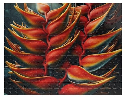 Heliconia rostrata Lobster Claw Jigsaw Puzzle Made in USA - Bright Red Yellow Bracts in Dramatic Hanging Clusters