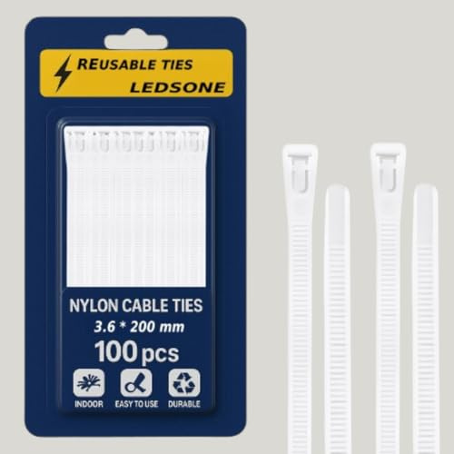 Lot de 100 attaches de câble réutilisables en nylon robuste et épais - Blanc - 200 x 3,6 mm
