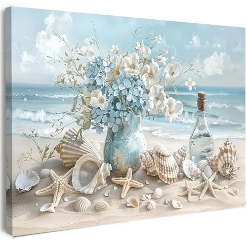 Qiukoo Wall Art Coastal Canvas Wall Print with Pre-Mounted Frame and Hanging Hooks Beach Style Bedroom or Living Room Decor Framed Picture with Seashells and Flowers for Hallway or Staircase 12×16 in