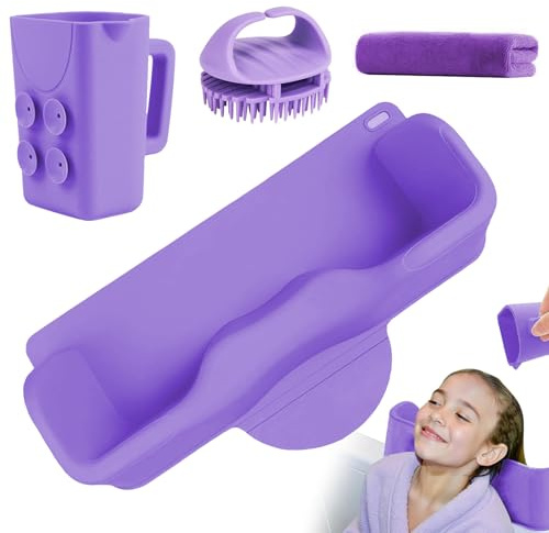 Vurlexat Hair Washing Station for Kids, Portable Silicone Hair Wash Basin with Suction Rinse Cup, Tear-Free Shampoo Bowl with Towel and Shampoo Brush for Sink or Bathtub(Purple)