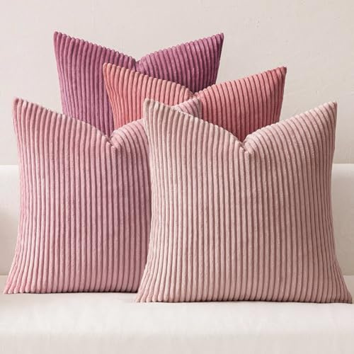 MIULEE Kissenbezug 50x50 4er Set Kordsamt Kissenhülle sofakissen Dark Pink | Weiche Kissenhülle Dekorative Sofakissen Quadratische Dekokissen Zierkissenbezug Gestreifte Kissenbezüge für Wohnzimmer