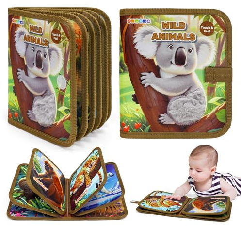 OKOOKO Touch and Feel Book, Interactive Textures Toy, Tactile Book, Wild Animals Theme Sensory Felt Toy, Textures & Interactive for Infant Development