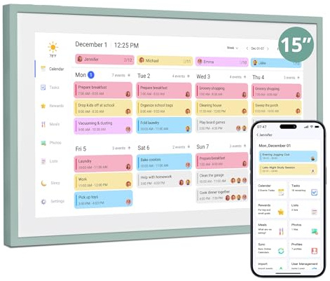 Dragon Touch 15.6 Zoll Digitaler Kalender Wand - 1920 * 1080 FHD Elektronischer Wandkalender Familienplaner mit 32GB Speicher und Wandhalterung, Touchscreen Intelligenter Tischkalender-Graugrün