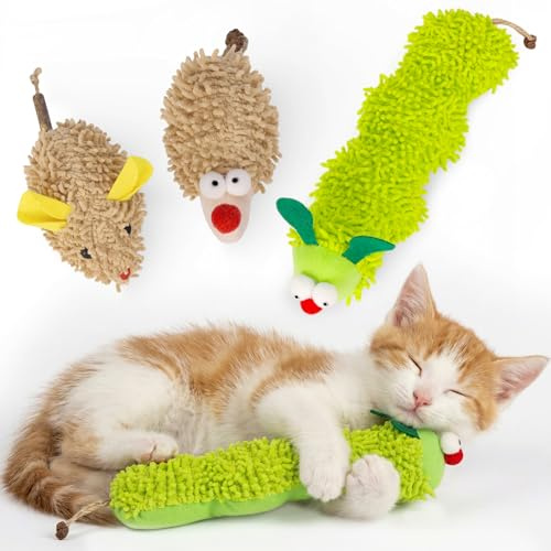 Uyubao Giocattoli per gatti, confezione da 3 giocattoli interattivi in peluche da masticare per gattini per la pulizia dei denti, resistenti ai morsi, con design a forma di bruco, topo e riccio
